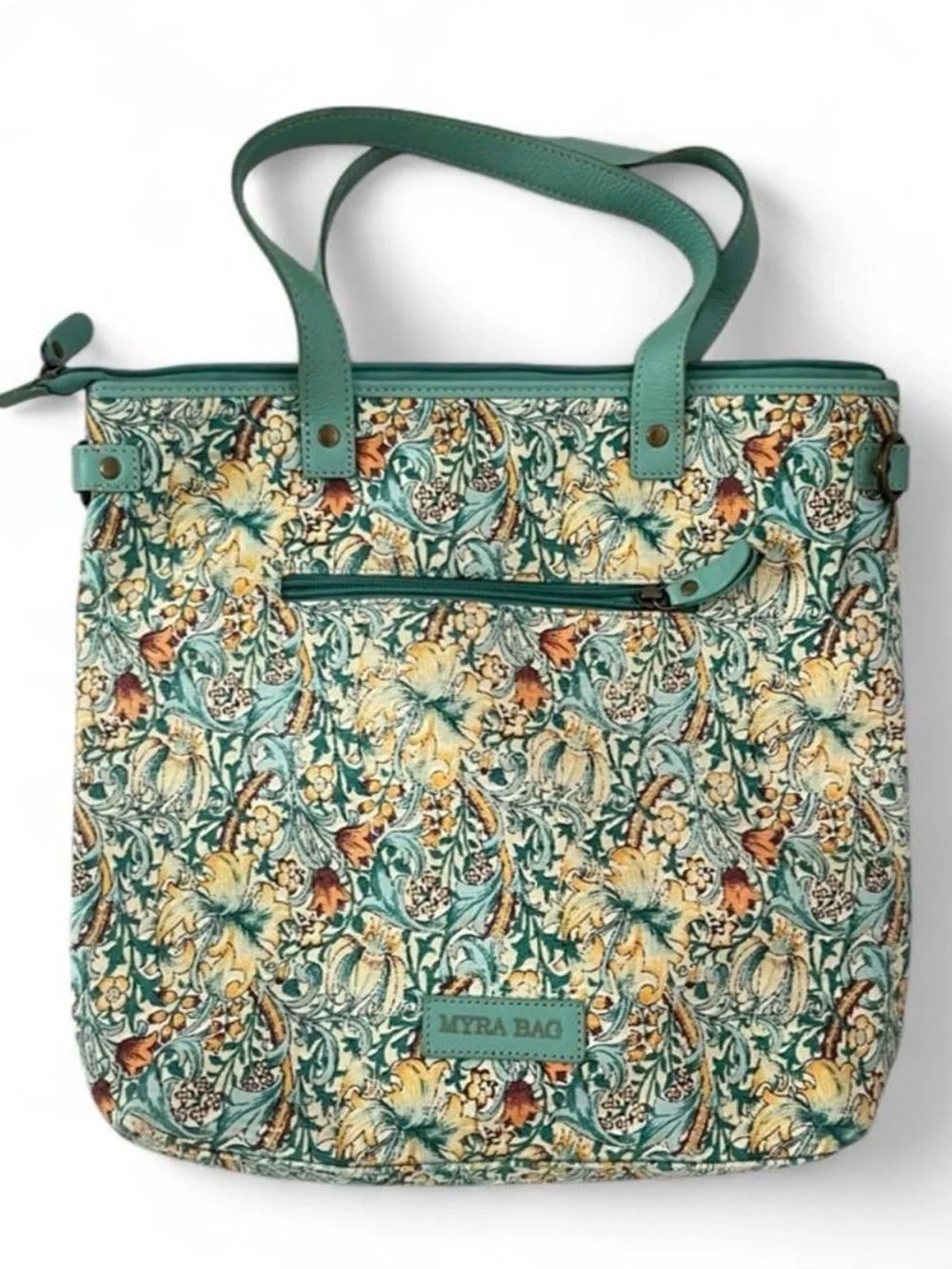 Myra Bag Teal Floral Canvas Tote with Tan and Yellow Accents